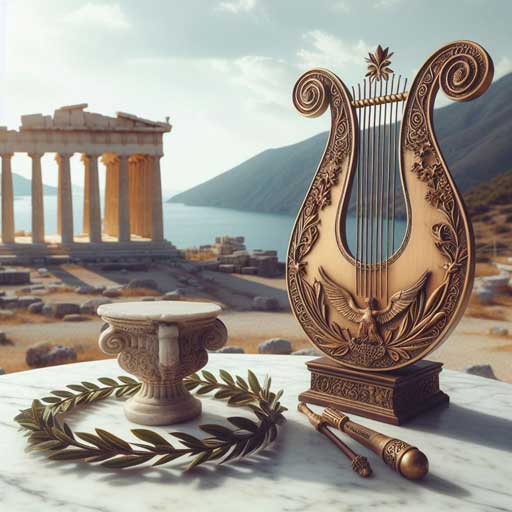 A photo showing the symbols associated with Apollo, including a lyre, laurel wreath.
