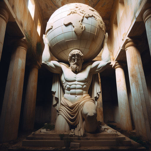 Titan Atlas holding thw heavens on his shoulders as punishment for his participation in Titanomachy