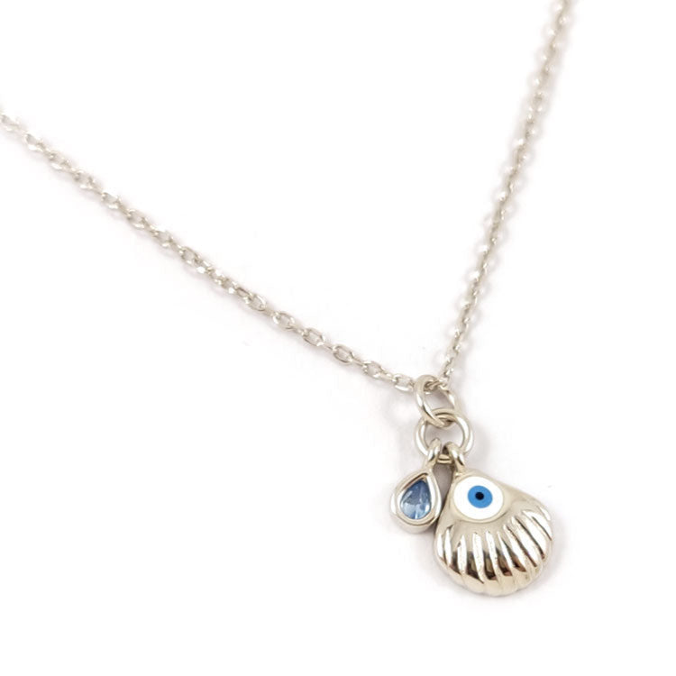 Close-up of 8x8mm Evil Eye Shell Pendant in Sterling Silver 925 with Adjustable 40+2cm Silver Chain – Hallmarked and Made in Greece