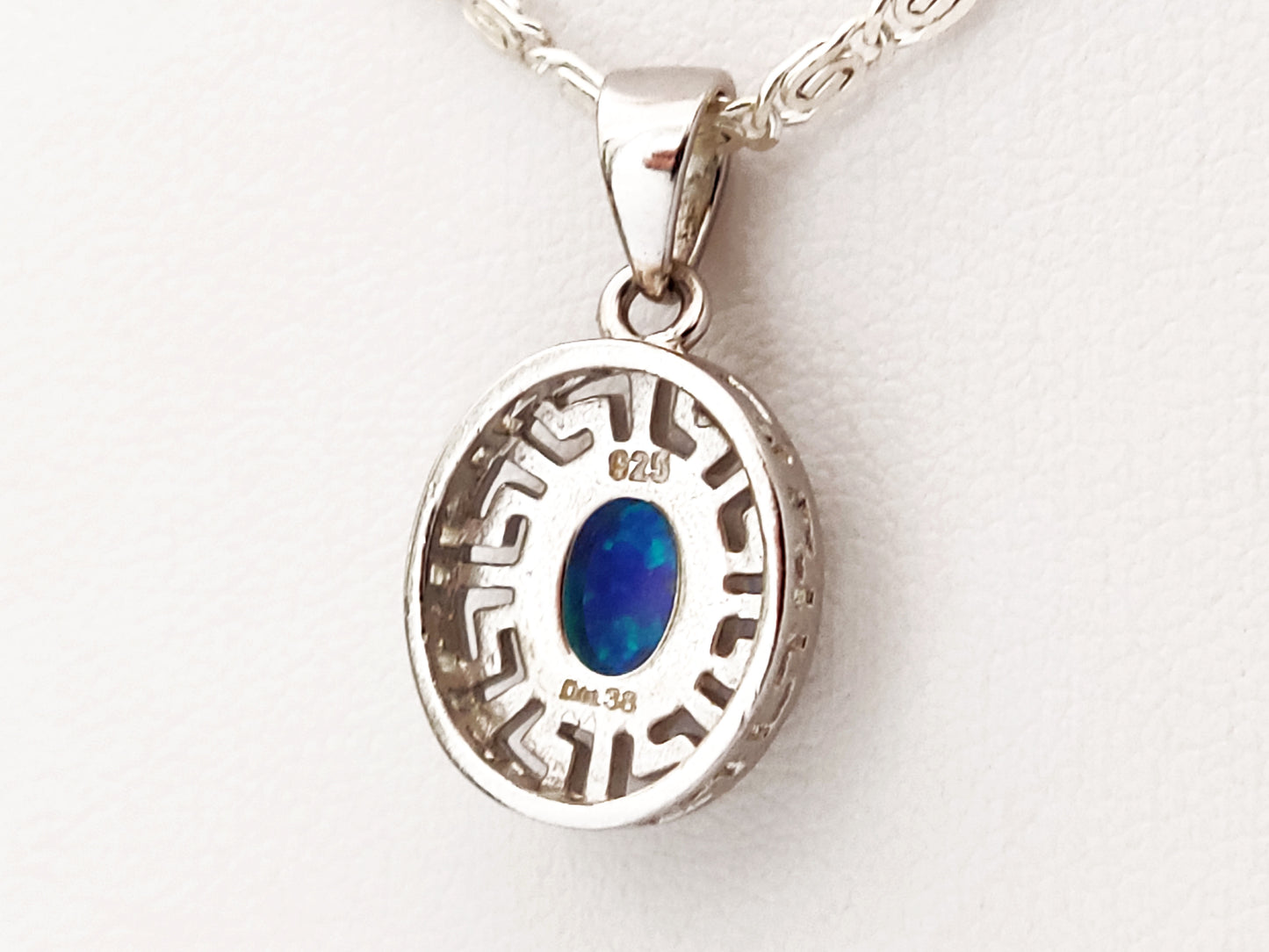 Greek Key Blue Opal Silver Pendant Infinity Chain Necklace 15x13mm