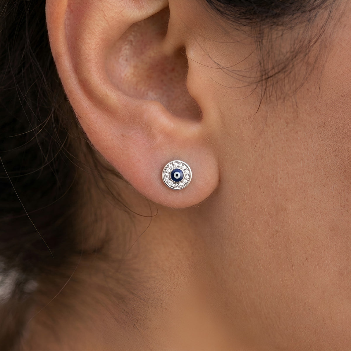 Sterling Silver 925 Dark Blue Evil Eye Cubic Zirconia Stud Earrings