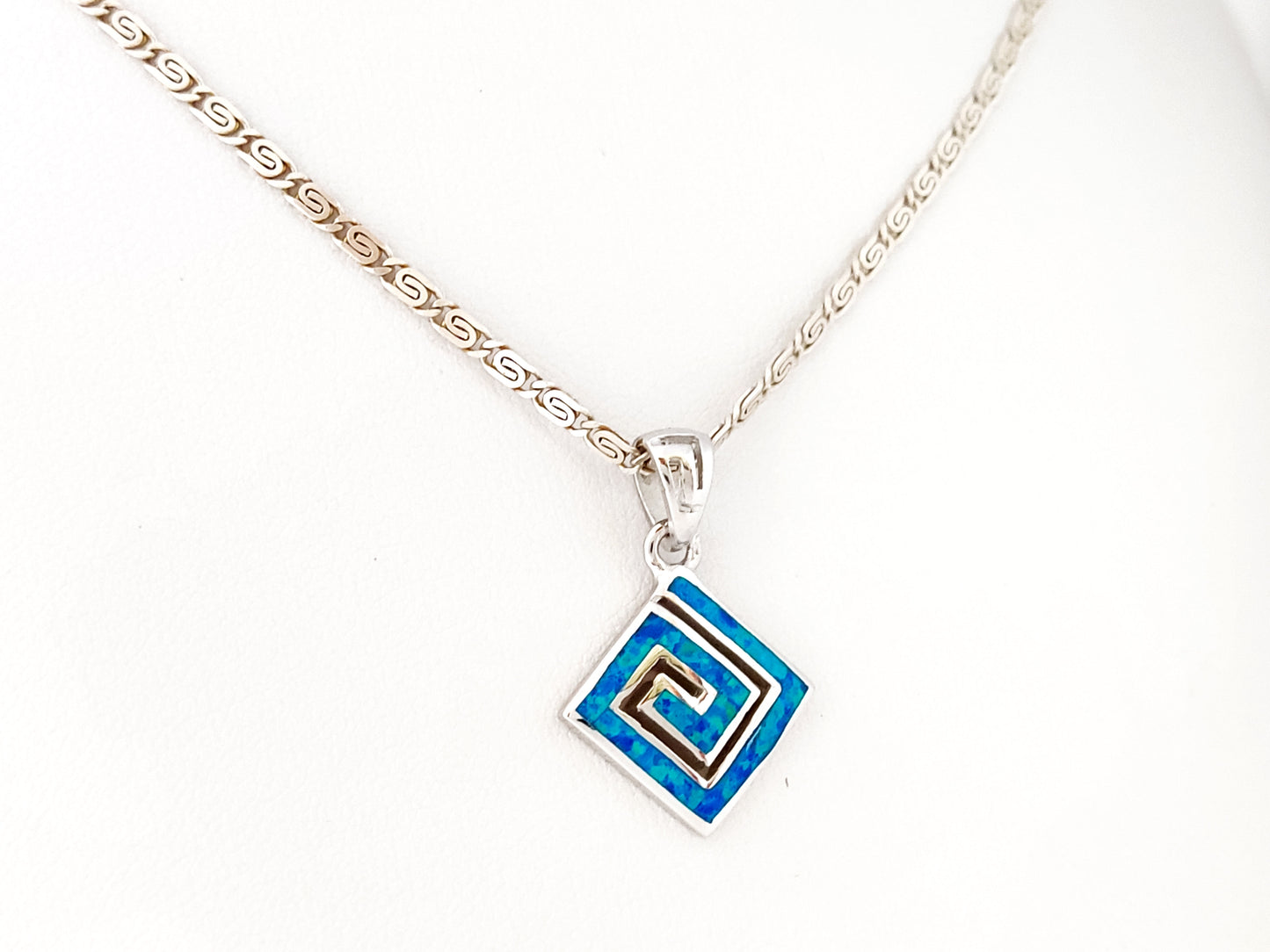 Blue Opal Silver Greek Necklace Pendant 12x12mm