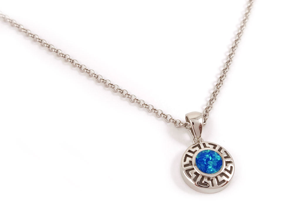 Sterling Silver 925 Blue Opal Pendant with Greek Key Meander Design, 12mm size, made in Greece, hallmark 925.