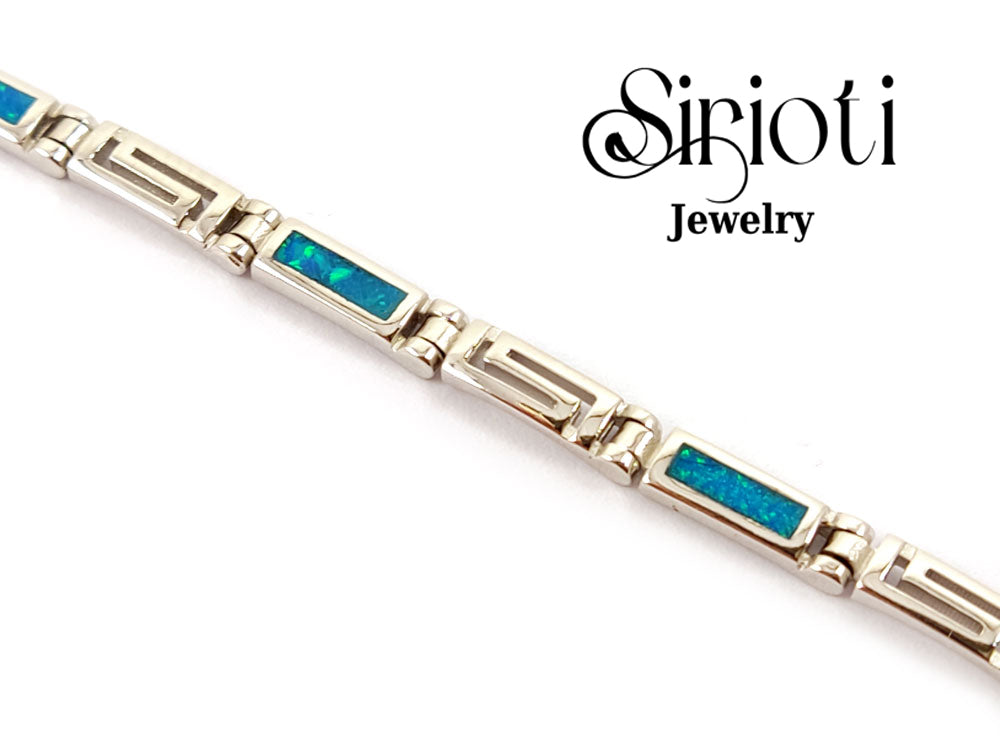 Greek Key Blue Opal Fine Silver Bracelet 3mm