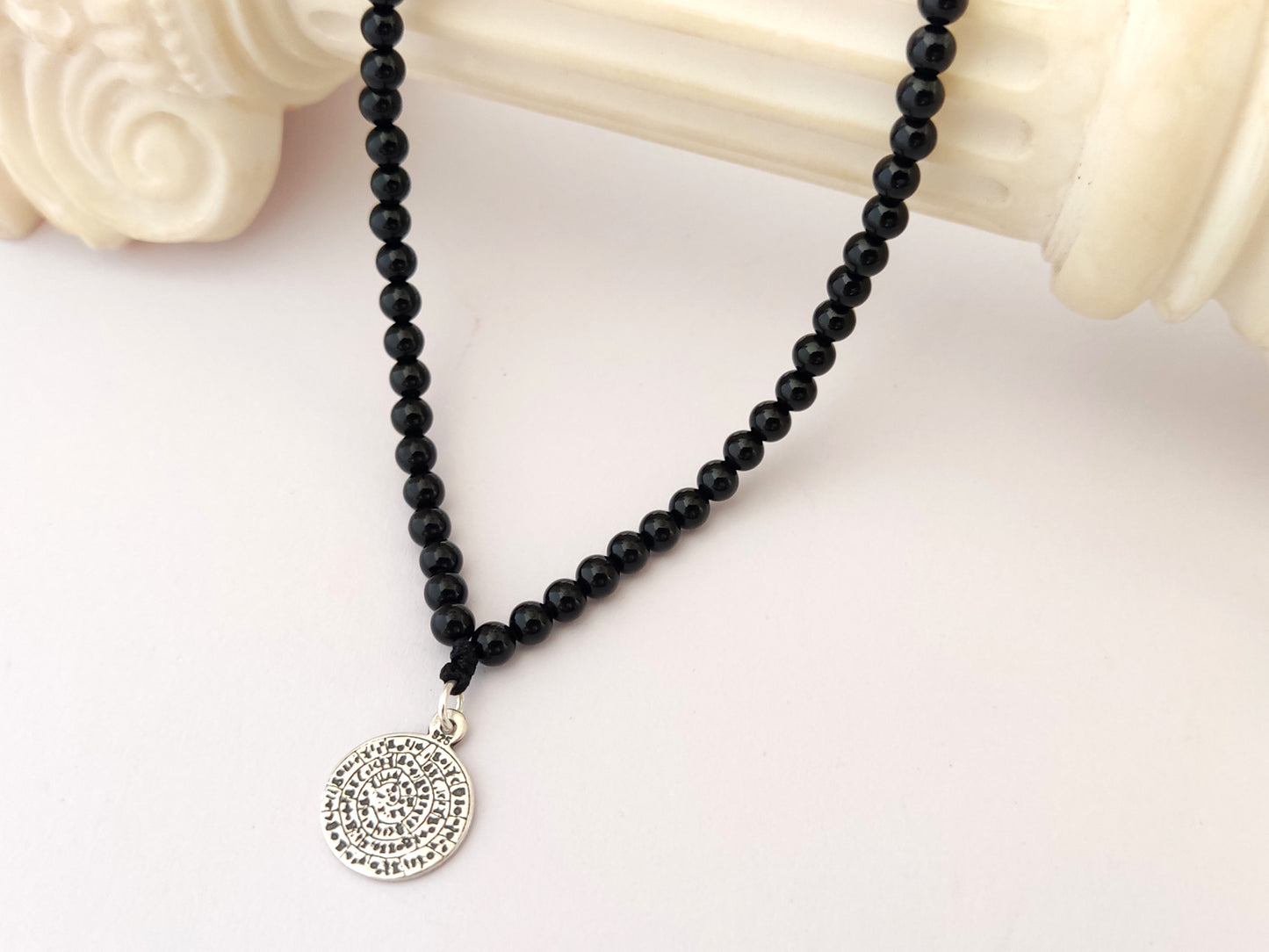 Phaistos Disc Necklace | Sterling Silver 925 | Black Onyx Stones 4mm | Sirioti Jewelry