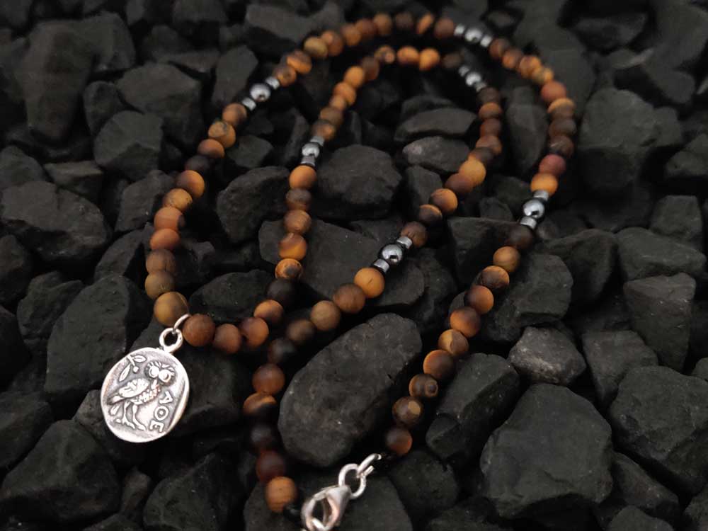 Handmade Greek Necklace With Natural Tiger Eye And Sterling Silver 925 Double Side Athena Owl Coin Pendant Necklace