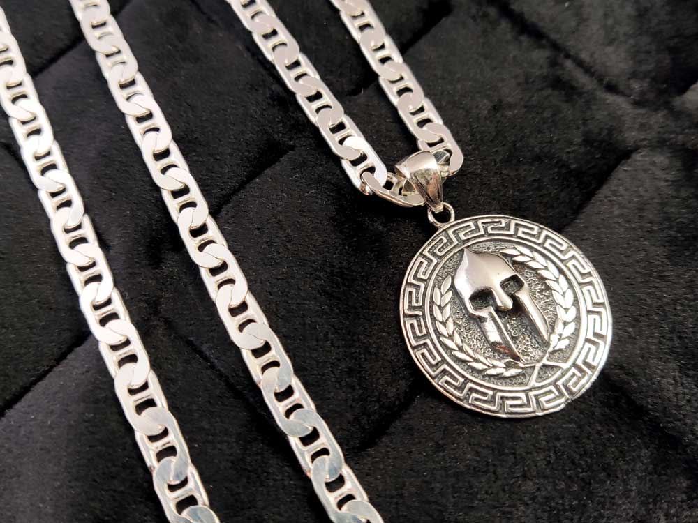 Sterling Silver 925 Greek Thita Chain and Pendant Set – The complete set with the bold 5mm Greek Thita chain, showcasing its polished finish.