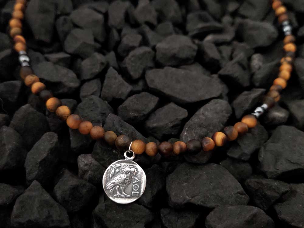 Handmade Greek Necklace With Natural Tiger Eye And Sterling Silver 925 Double Side Athena Owl Coin Pendant Necklace