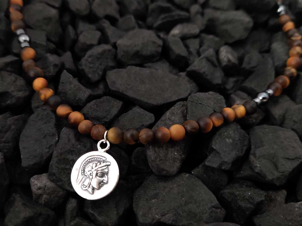 Handmade Greek Necklace With Natural Tiger Eye And Sterling Silver 925 Double Side Athena Owl Coin Pendant Necklace