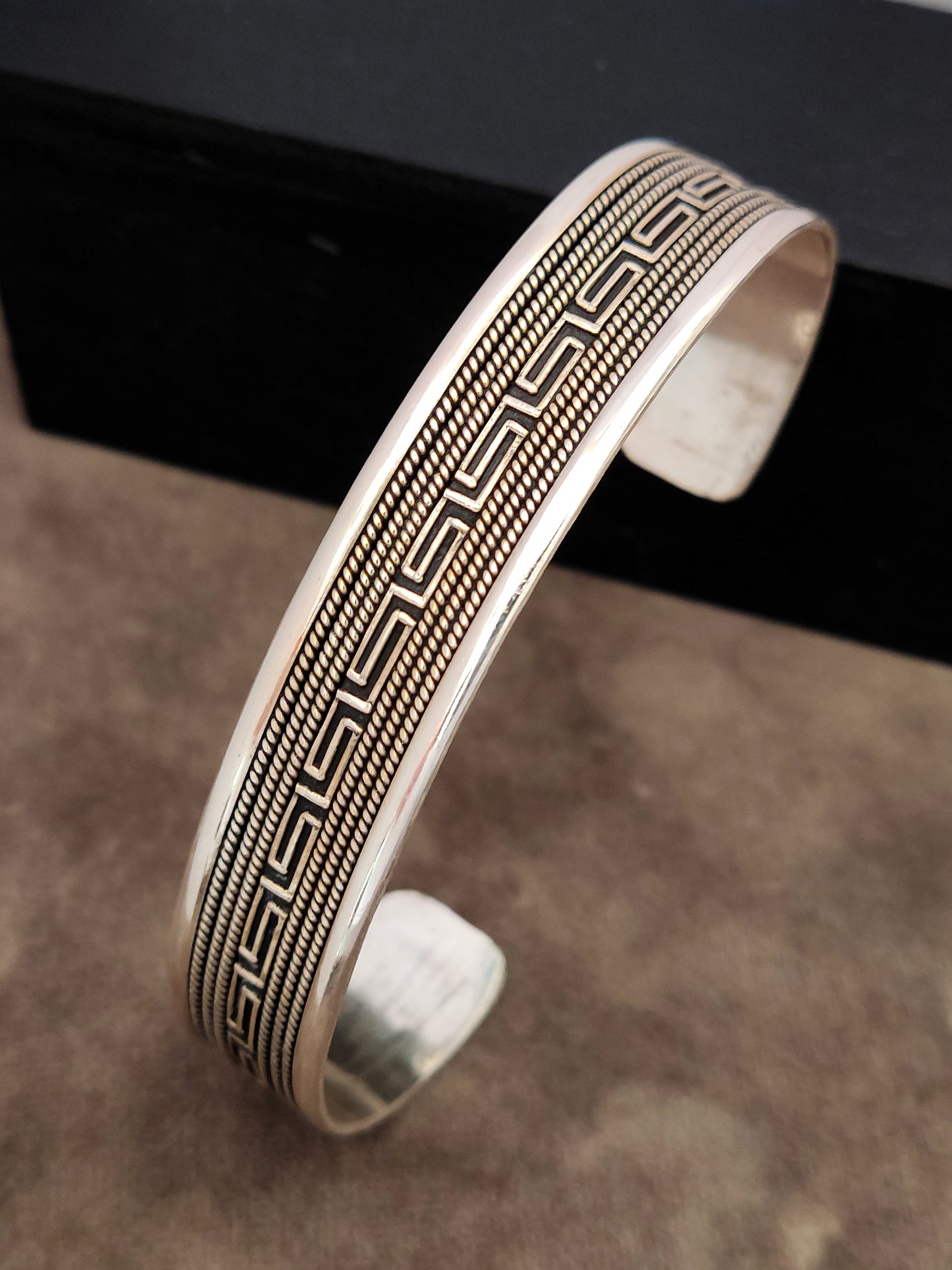 Greek Key Meander Silver 925 Unisex Men Women Cuff Bracelet