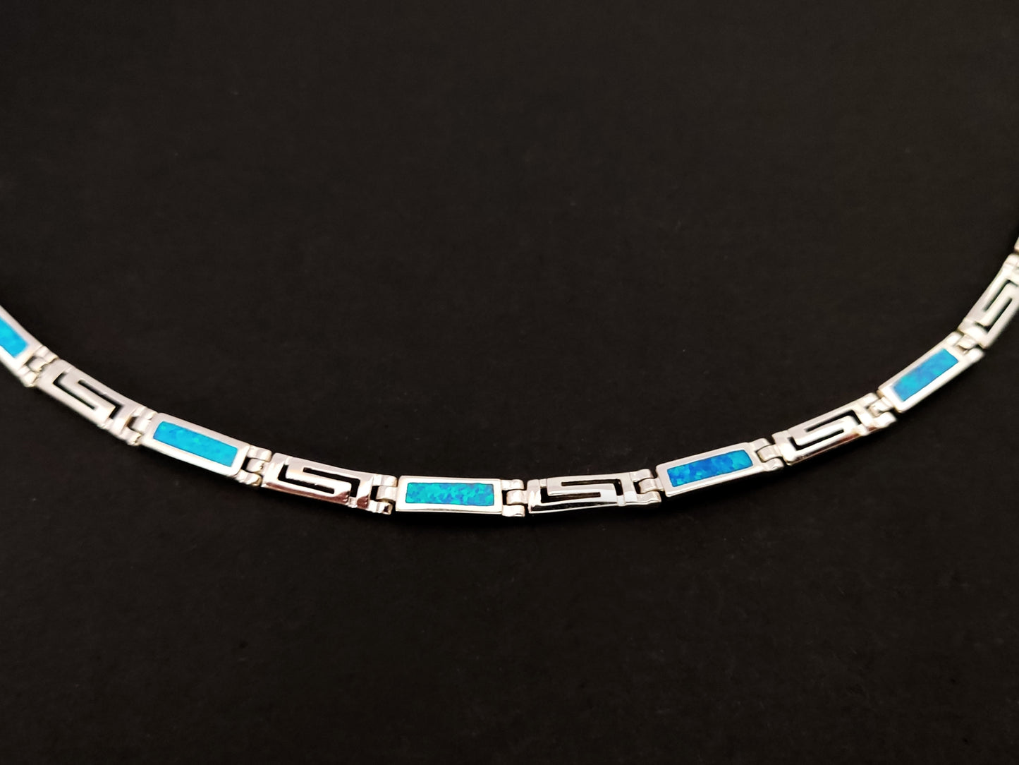 Greek Key Blue Opal Silver Adjustable Necklace