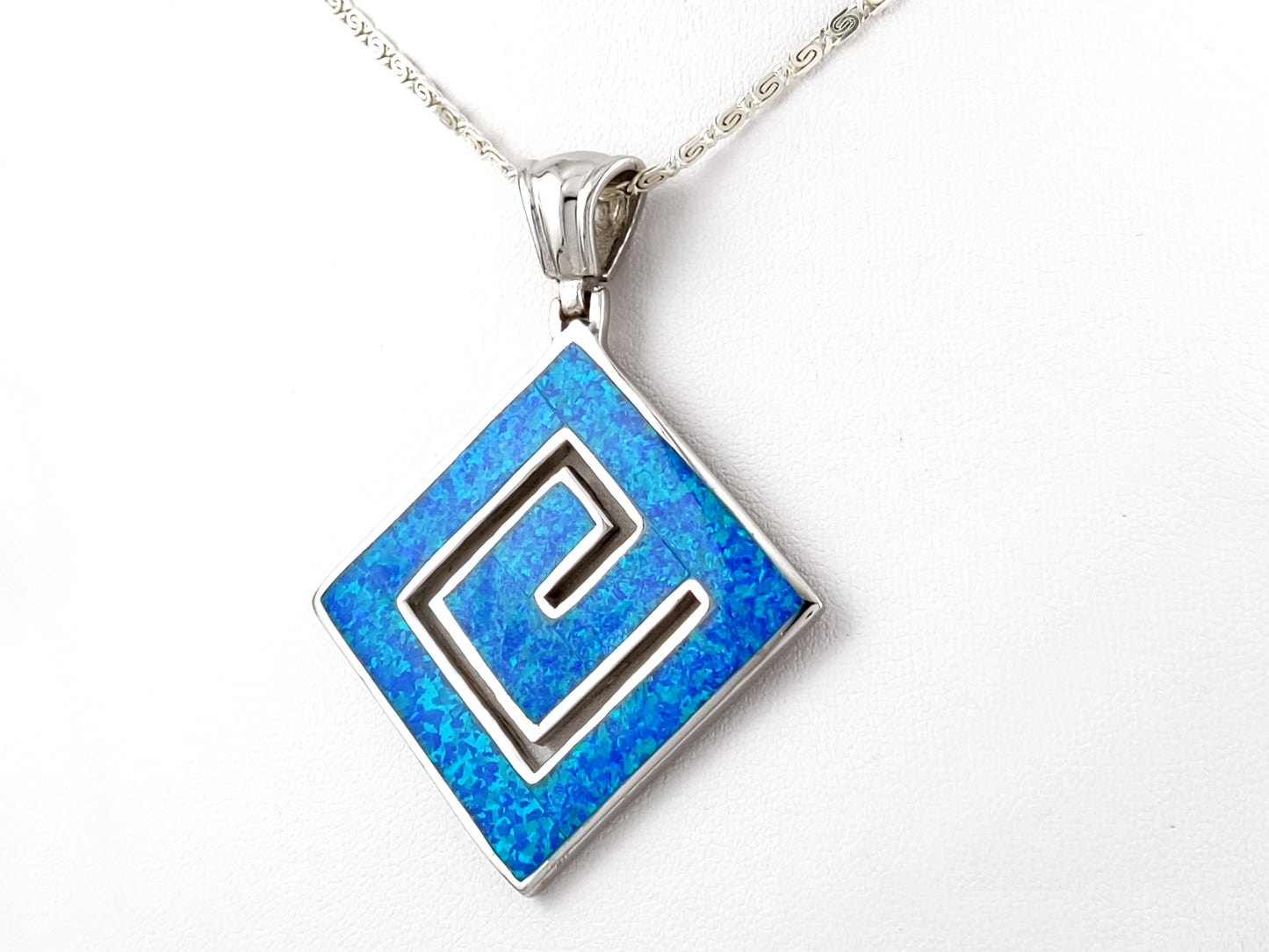 Greek Key Blue Opal Big Square Silver Pendant Necklace