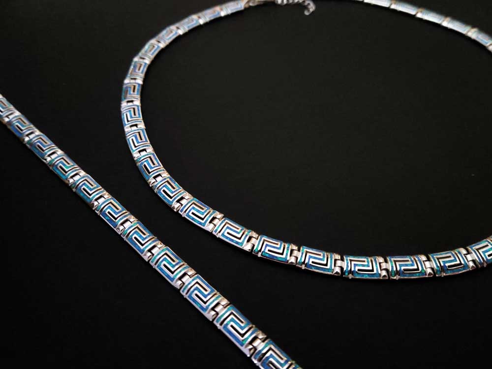 Greek Key Blue Opal Silver Bracelet Necklace Jewelry Set