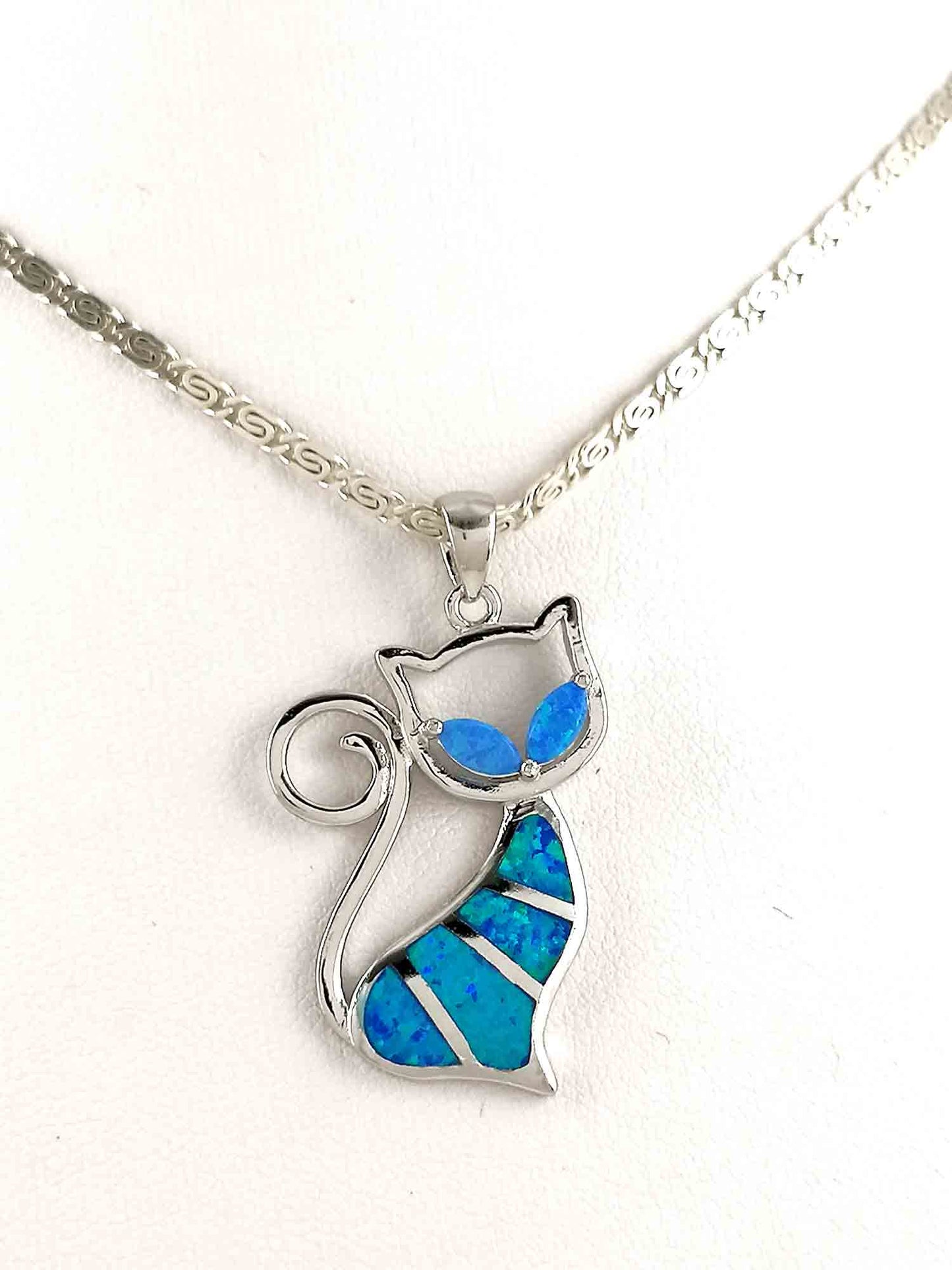 Blue Opal Silver Cat Pendant Necklace 30x20mm