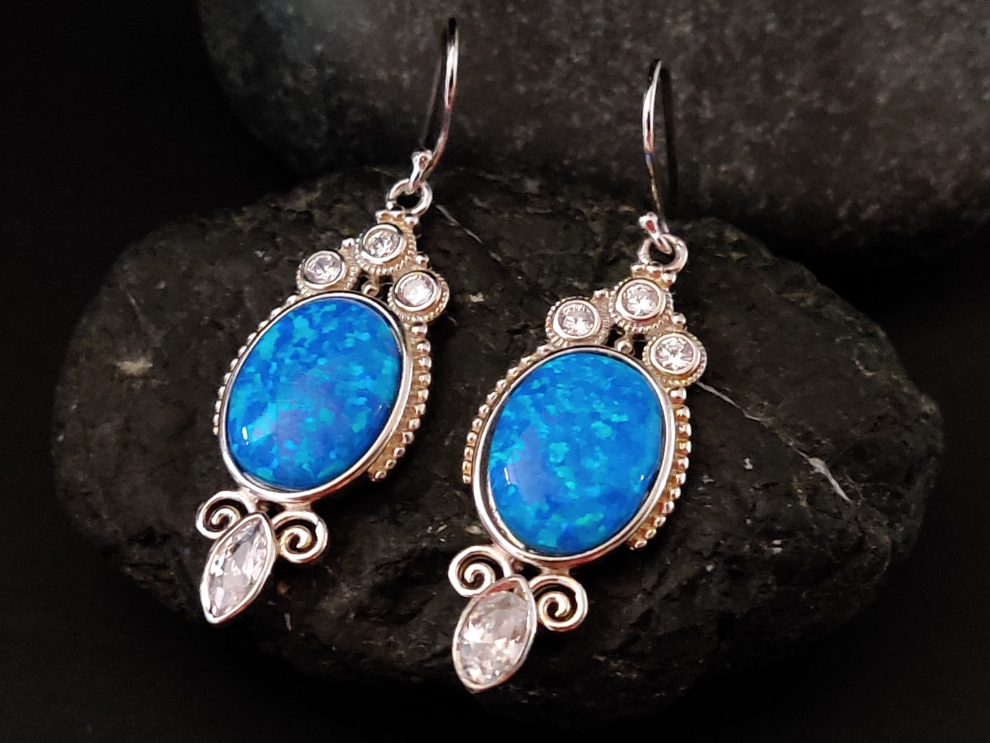 Blue Opal Boho Silver Dangle Greek Earrings 32x15mm