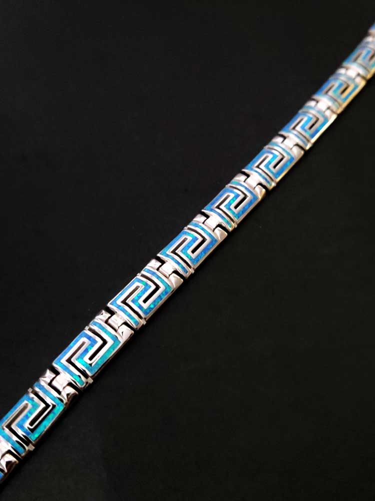 Greek Key Blue Opal Curved Silver Bracelet