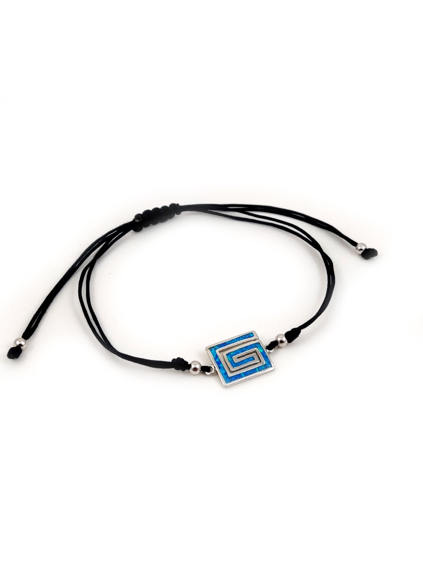 Greek Key Silver Blue Opal Cord Macrame Bracelet 12x10mm