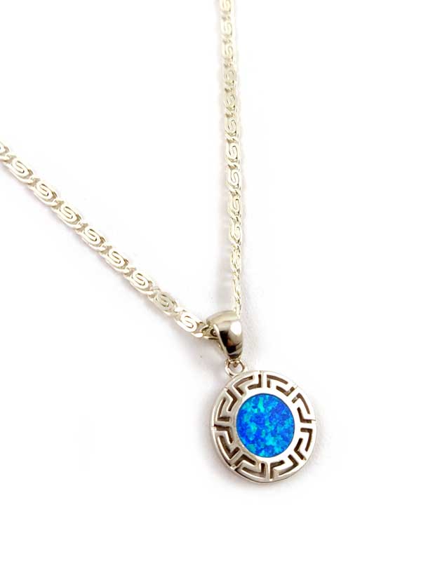 Greek Blue Opal Silver Round Pendant 14mm Necklace