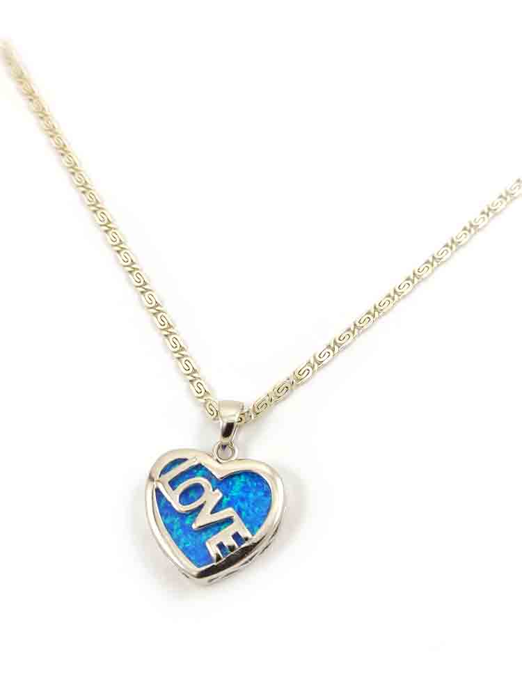 Silver Blue Opal Heart Love Necklace