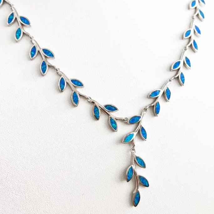 Sterling Silver 925 necklace with blue opal leaves design made in Greece