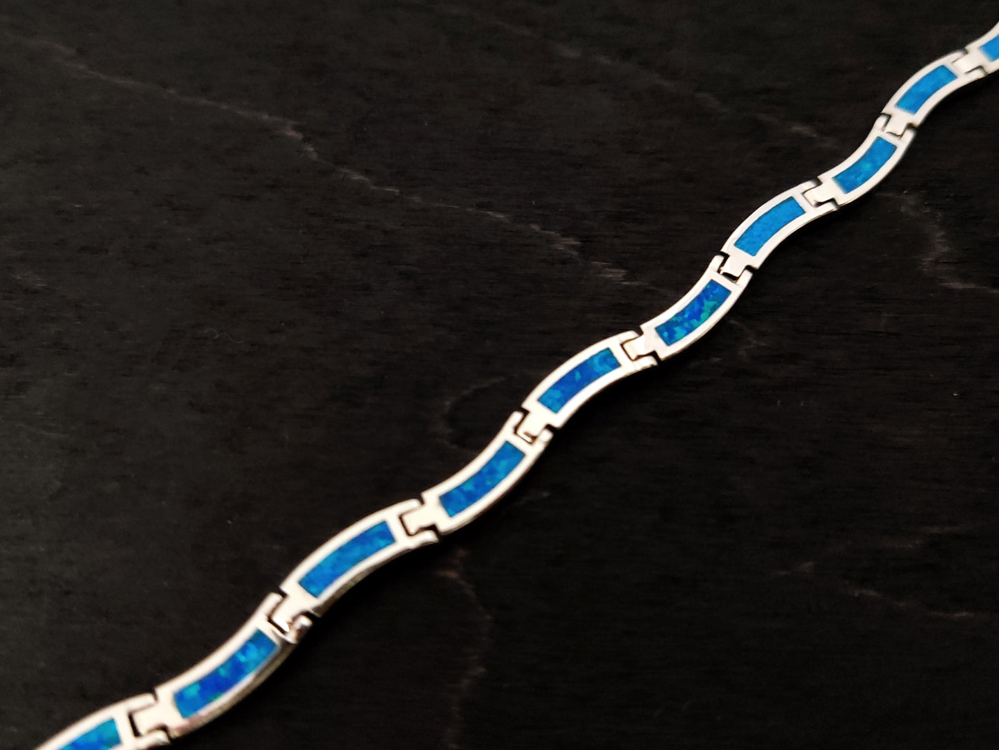 Blue Opal Wave Design Silver Greek Bracelet 3mm