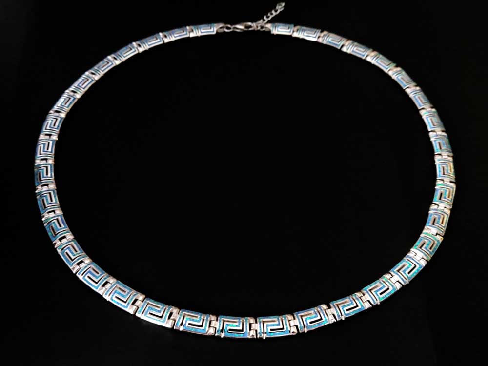 Greek Key Blue Opal Curved Silver Necklace