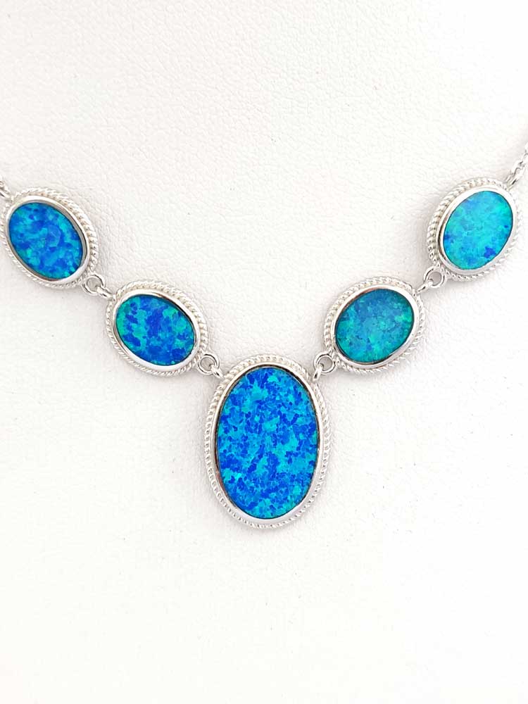 Sterling Silver 925 Blue Opal Oval Stones Chain Necklace