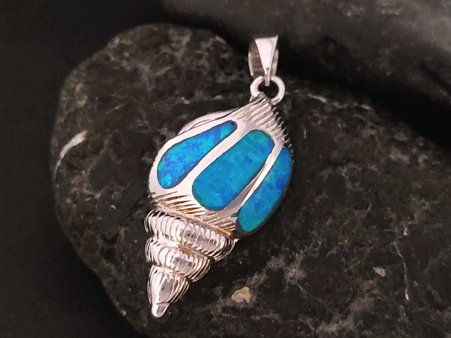 Greek Blue Opal Silver Oyster Shell Seashell Pendant 25x14mm