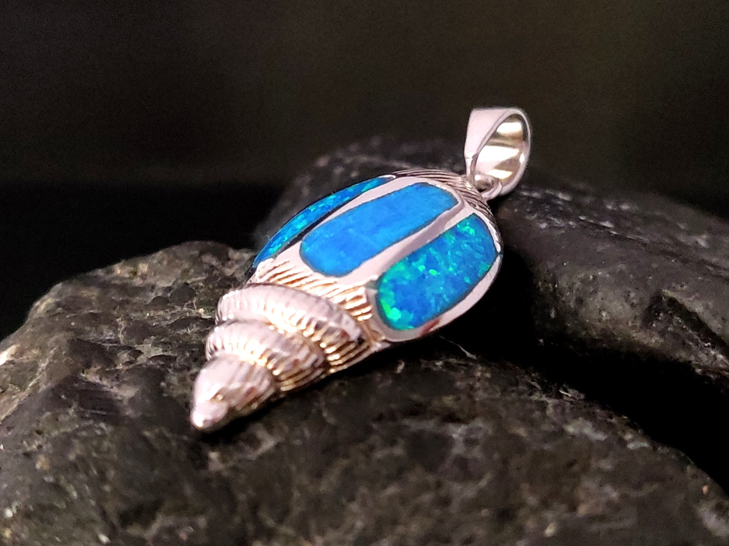 Greek Blue Opal Silver Oyster Shell Seashell Pendant 25x14mm