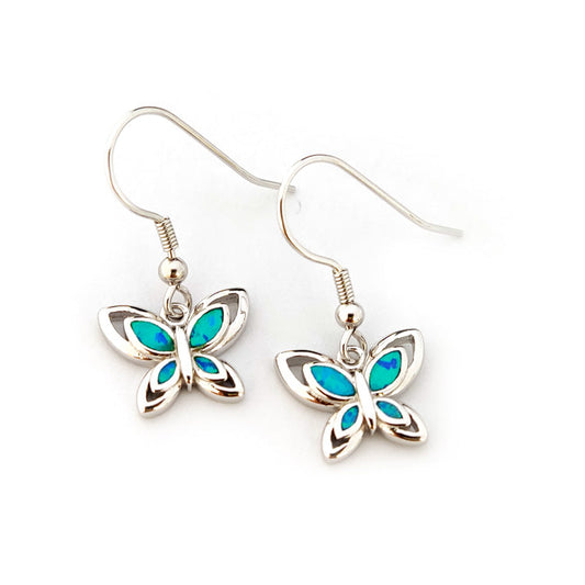 Butterfly-shaped earrings with blue and green details on a white background