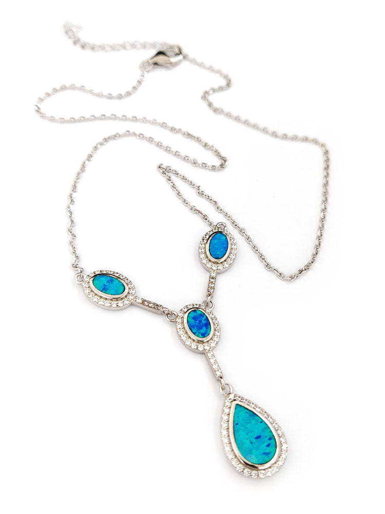 Greek handmade chain necklace with oval opal and cubic zirconia