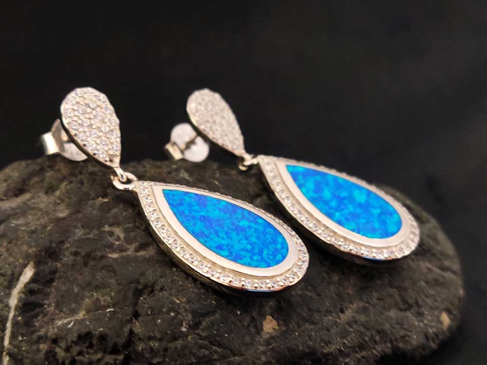 Greek made Blue Opal Sterling Silver Drop Earrings jewelry gift for women