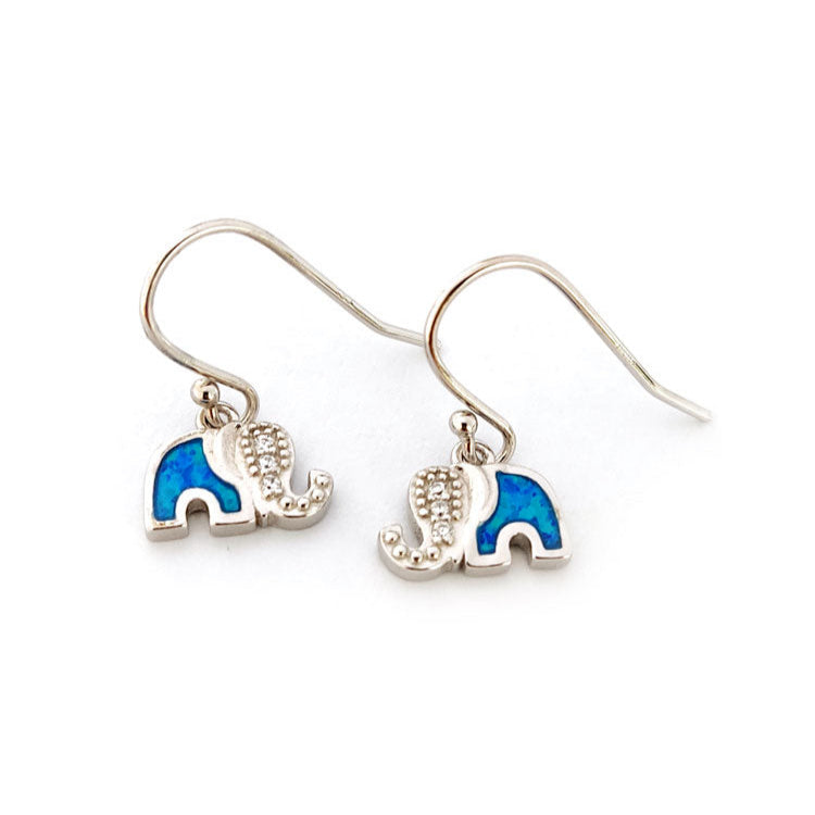 Silver elephant earrings with blue accents on a white background