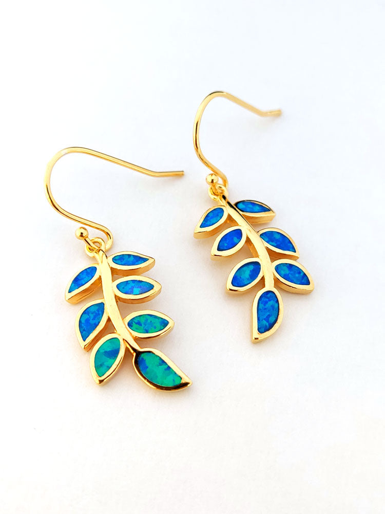 Greek blue opal stones gold plated silver earrings with the olive leaves symbol of goddess Athena