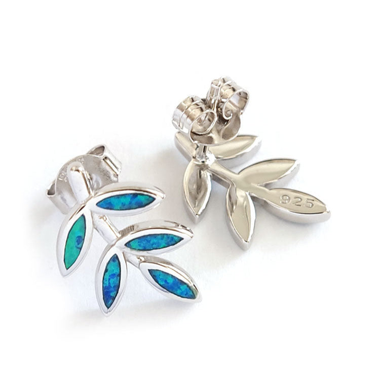 Close-up of blue opal leaf stud earrings hallmarked 925 sterling silver