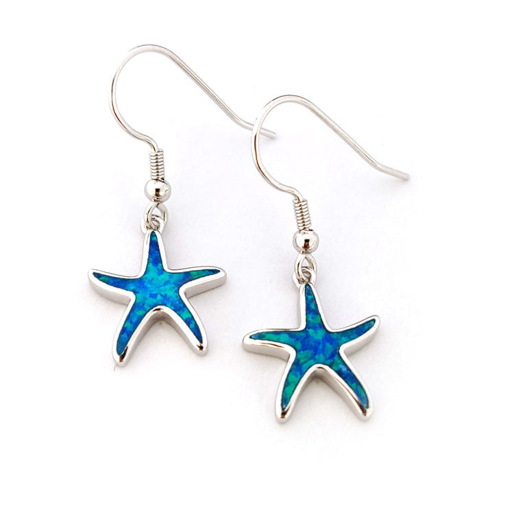 Starfish-shaped earrings with blue accents on a white background