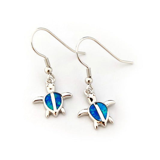 Blue opal silver dangle earrings on white background