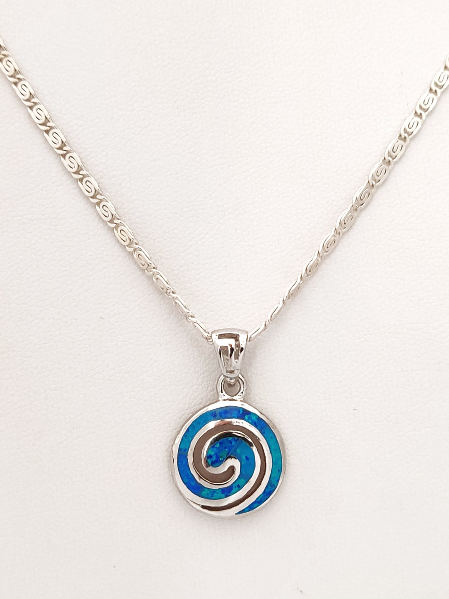 Greek Spiral Blue Opal Silver Pendant Infinity Chain Necklace 15mm