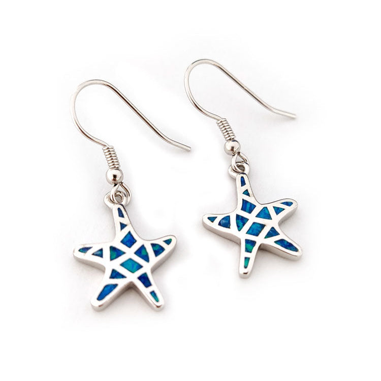 Starfish-shaped earrings with blue and green pattern on a white background