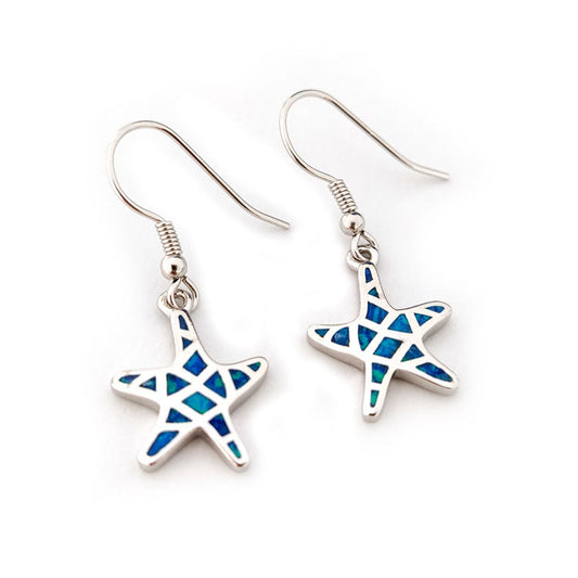 Starfish-shaped earrings with blue and green pattern on a white background