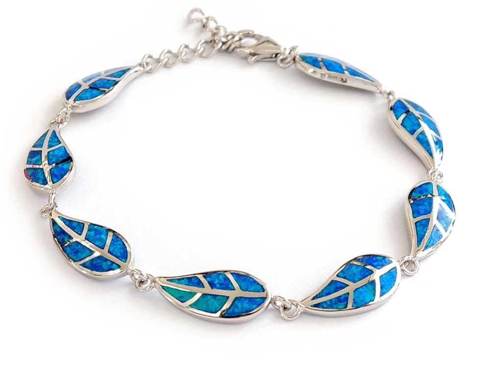 Sterling silver 925 blue opal leaf bracelet on white background