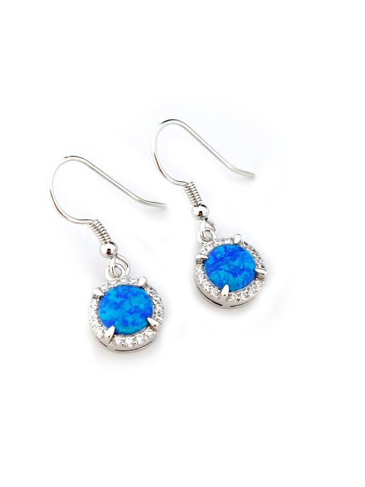 Blue opal sterling silver round earrings measuring 10mm or 0.39 inches in diameter placed on white background.