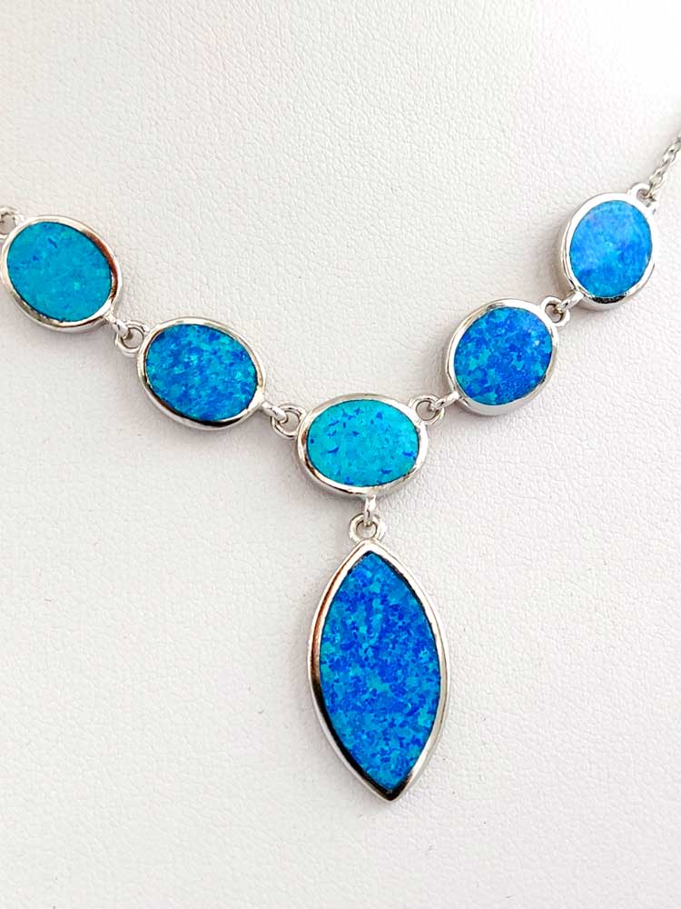 Blue opal teardrop pendant centerpiece on sterling silver necklace