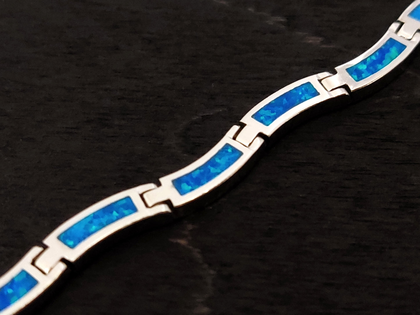 Blue Opal Wave Design Silver Greek Bracelet 3mm