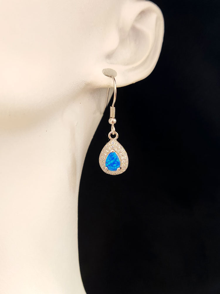 Sterling Silver 925 Blue Opal Zirconia Drop Shape Dangle Earrings 15x10mm