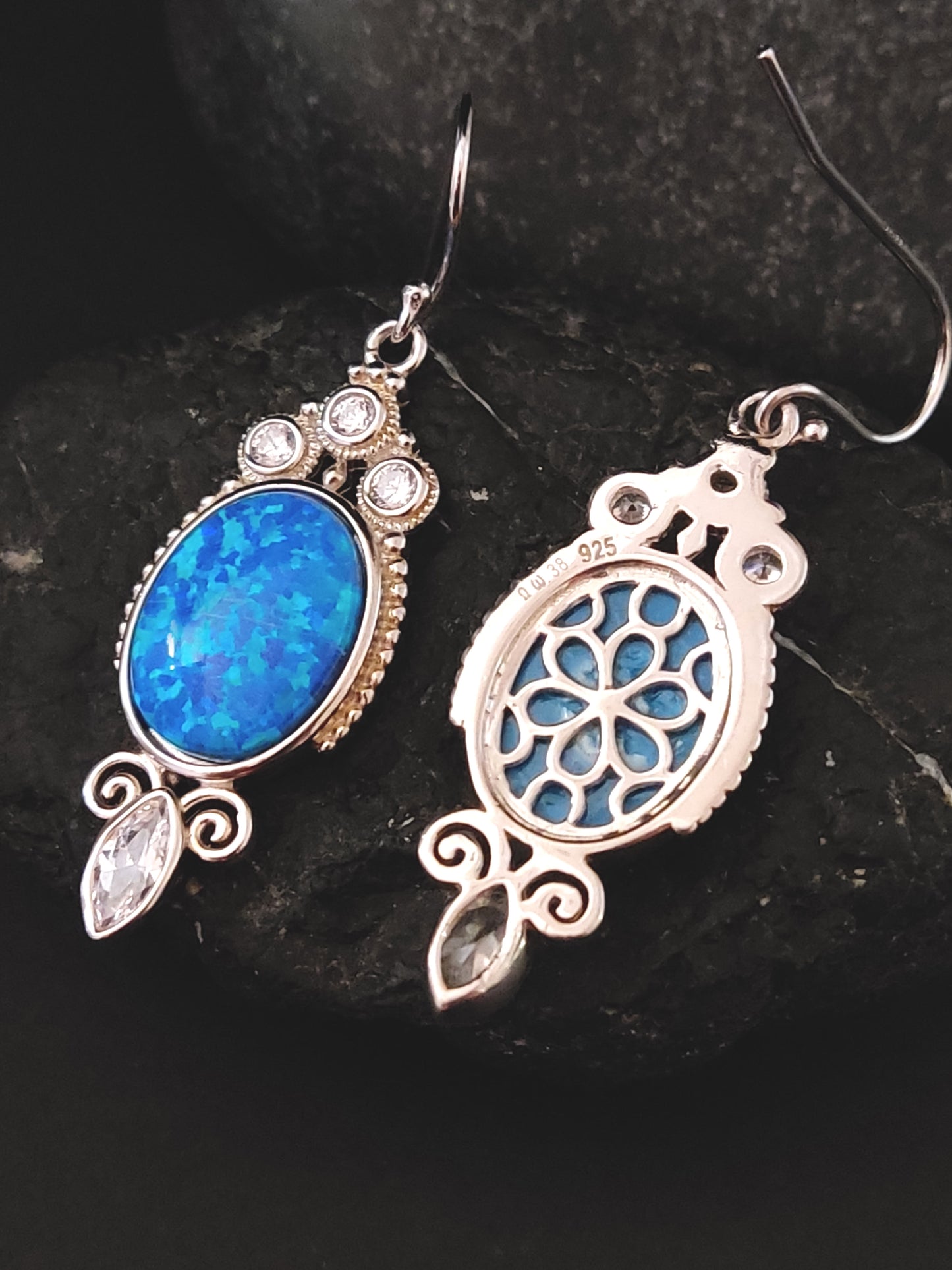 Blue Opal Boho Silver Dangle Greek Earrings 32x15mm