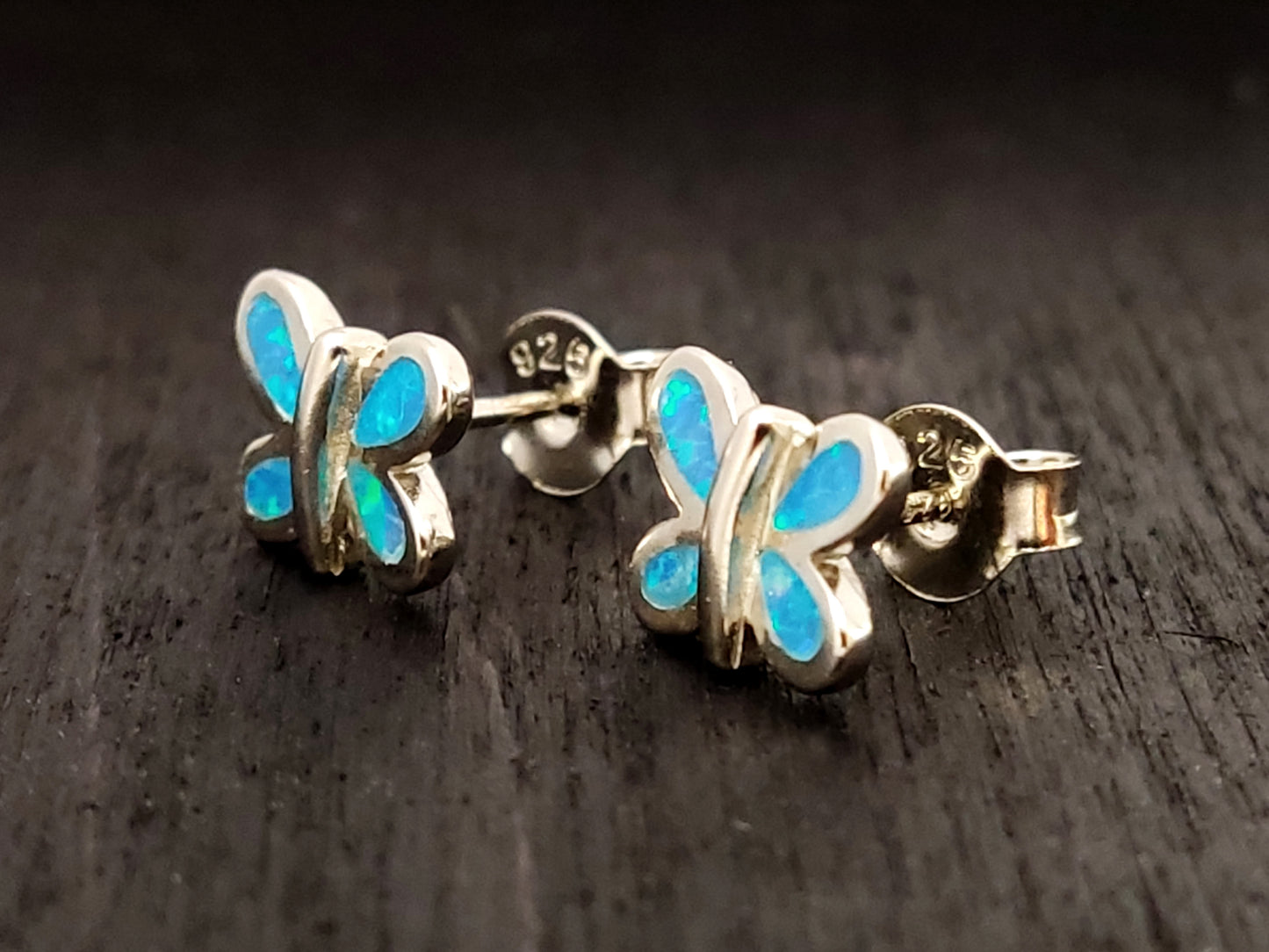 Butterfly Blue Opal Silver Earrings 9x7mm