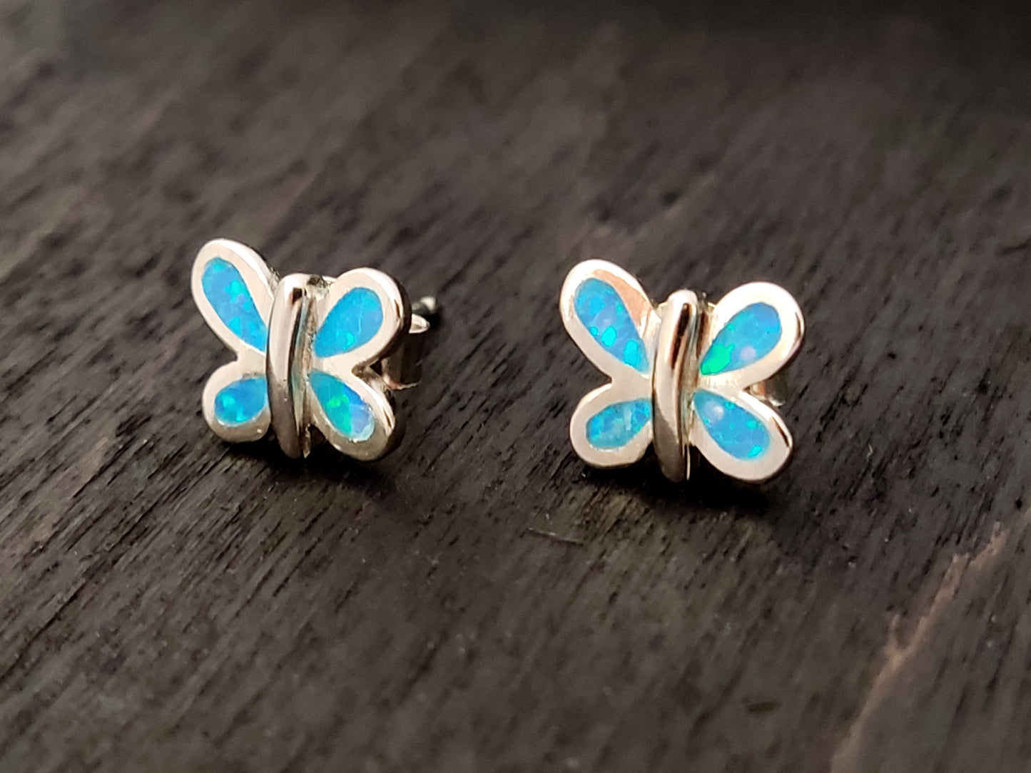 Butterfly Blue Opal Silver Earrings 9x7mm