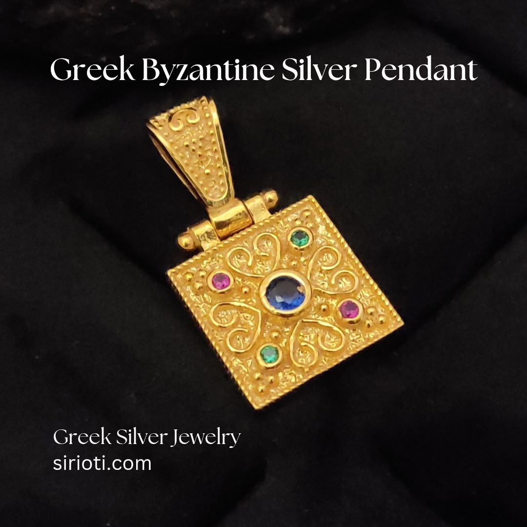 Handcrafted Greek Byzantine Jewelry Pendant – Sterling silver gold-plated pendant, highlighting its intricate details and cultural significance.