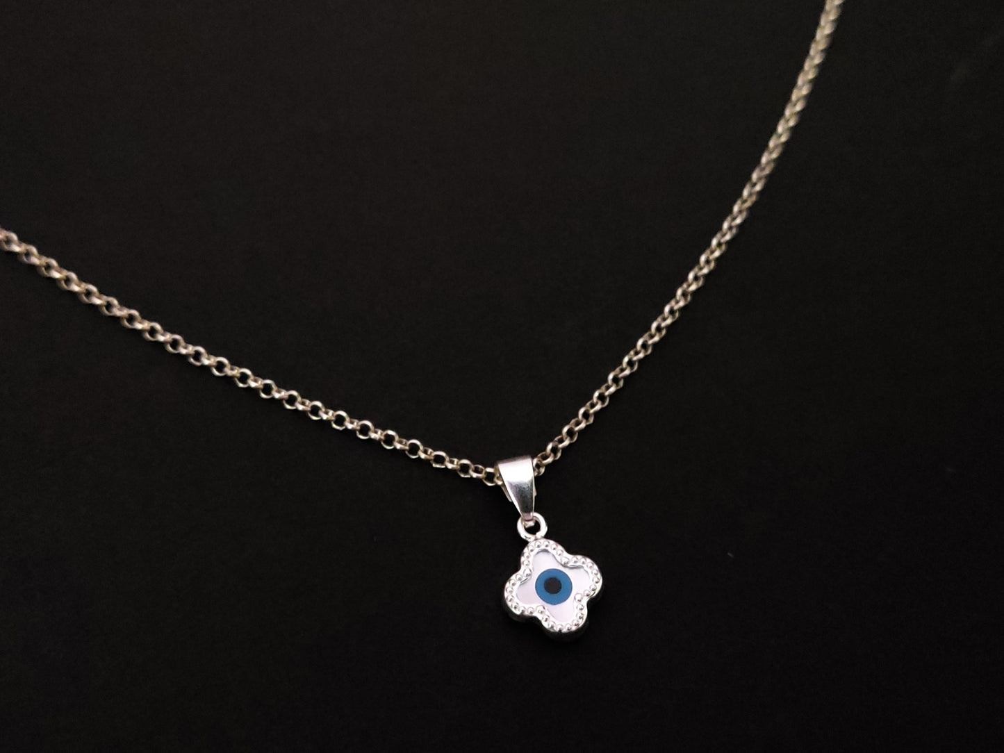 Sterling Silver 925 Greek Evil Eye Nazar Cross Pendant 9mm Necklace